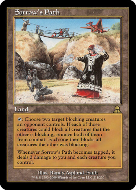 Sorrow's Path - {T}: Choose two target blocking creatures an opponent controls. If each of those creatures could block all creatures that the other is blocking