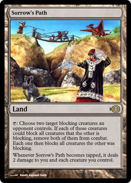 Sorrow's Path - {T}: Choose two target blocking creatures controlled by the same opponent. If each of those creatures could block all creatures that the other is blocking