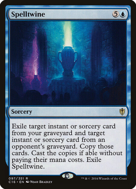 Spelltwine - Exile target instant or sorcery card from your graveyard and target instant or sorcery card from an opponent's graveyard. Copy those cards. Cast the copies if able without paying their mana costs. Exile Spelltwine.