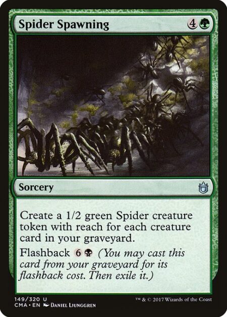 Spider Spawning - Create a 1/2 green Spider creature token with reach for each creature card in your graveyard.