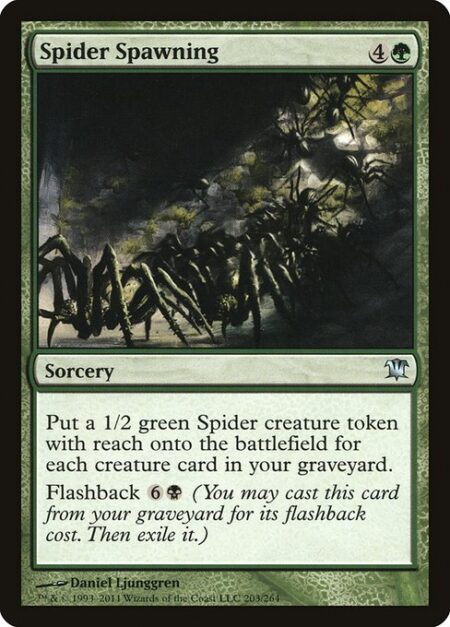 Spider Spawning - Create a 1/2 green Spider creature token with reach for each creature card in your graveyard.