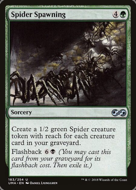 Spider Spawning - Create a 1/2 green Spider creature token with reach for each creature card in your graveyard.