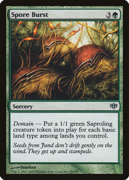 Spore Burst - Domain — Create a 1/1 green Saproling creature token for each basic land type among lands you control.