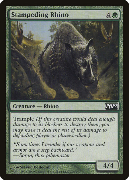 Stampeding Rhino - Trample (This creature can deal excess combat damage to the player or planeswalker it's attacking.)