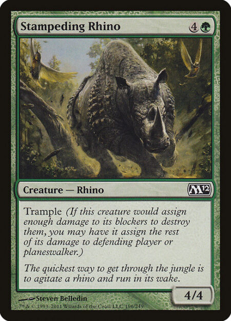 Stampeding Rhino - Trample (This creature can deal excess combat damage to the player or planeswalker it's attacking.)