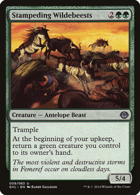 Stampeding Wildebeests - Trample (This creature can deal excess combat damage to the player or planeswalker it's attacking.)