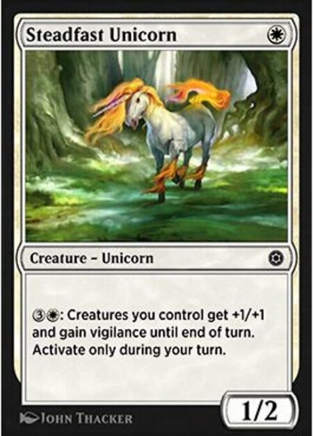 Steadfast Unicorn - {3}{W}: Creatures you control get +1/+1 and gain vigilance until end of turn. Activate only during your turn.