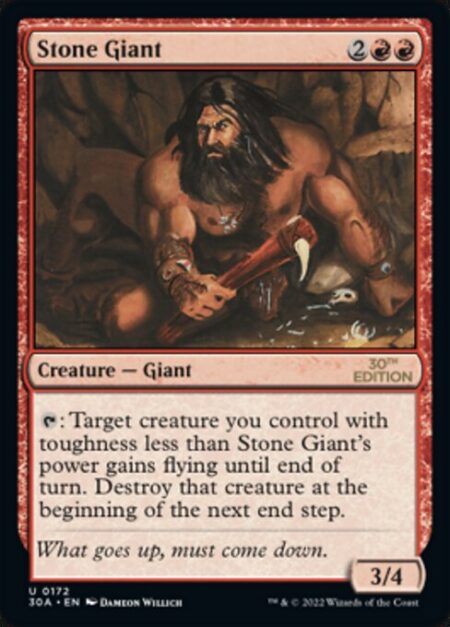 Stone Giant - {T}: Target creature you control with toughness less than Stone Giant's power gains flying until end of turn. Destroy that creature at the beginning of the next end step.