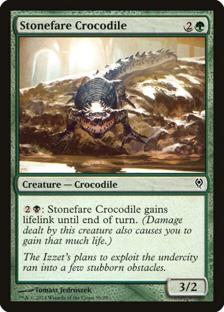 Stonefare Crocodile - {2}{B}: Stonefare Crocodile gains lifelink until end of turn. (Damage dealt by this creature also causes you to gain that much life.)