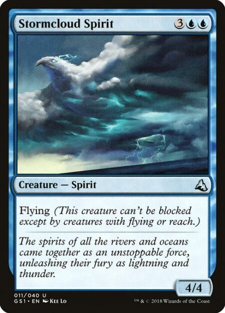 Stormcloud Spirit - Flying (This creature can't be blocked except by creatures with flying or reach.)