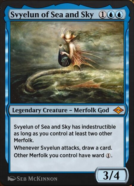 Svyelun of Sea and Sky - Svyelun of Sea and Sky has indestructible as long as you control at least two other Merfolk.