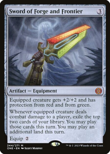 Sword of Forge and Frontier - Equipped creature gets +2/+2 and has protection from red and from green.