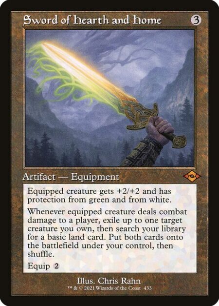 Sword of Hearth and Home - Equipped creature gets +2/+2 and has protection from green and from white.