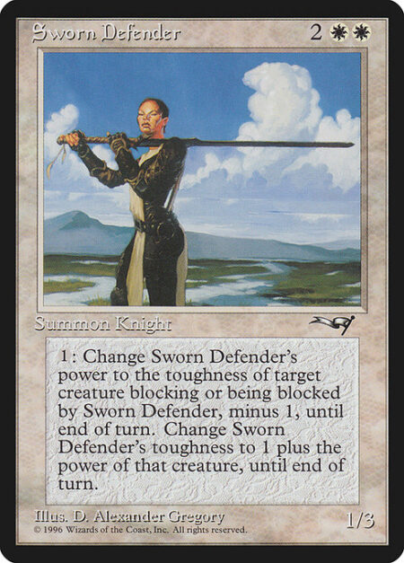 Sworn Defender - {1}: Sworn Defender's power becomes the toughness of target creature blocking or being blocked by Sworn Defender minus 1 until end of turn