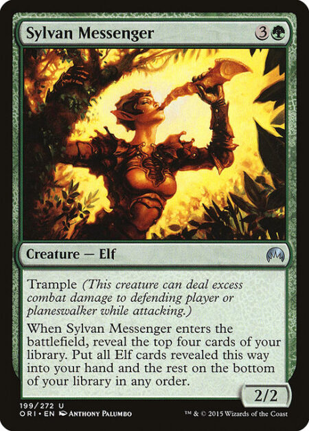 Sylvan Messenger - Trample (This creature can deal excess combat damage to the player or planeswalker it's attacking.)