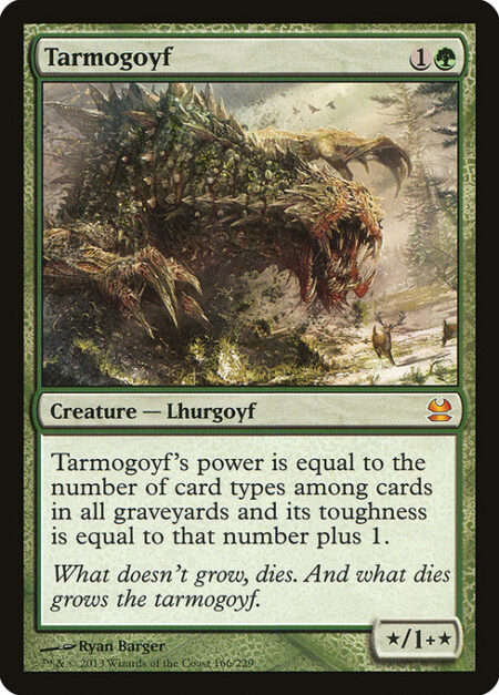 Tarmogoyf - Tarmogoyf's power is equal to the number of card types among cards in all graveyards and its toughness is equal to that number plus 1.