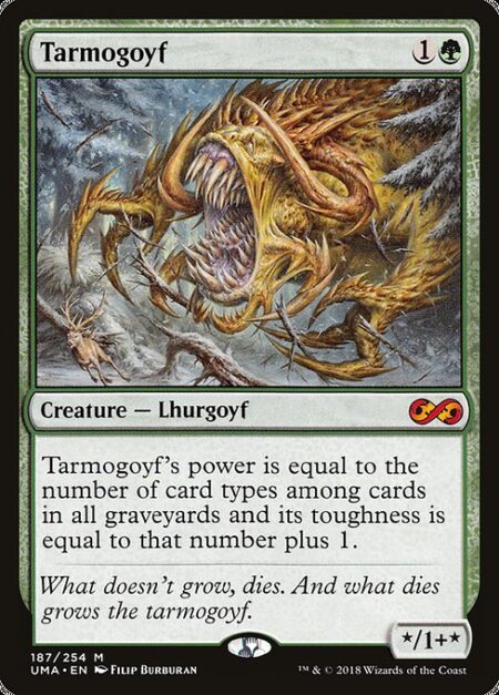 Tarmogoyf - Tarmogoyf's power is equal to the number of card types among cards in all graveyards and its toughness is equal to that number plus 1.