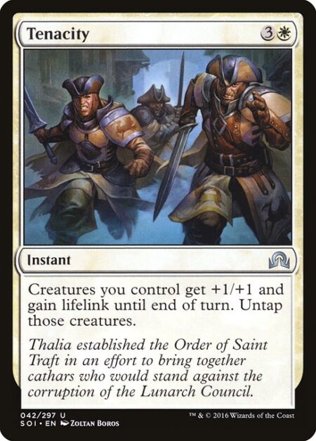 Tenacity - Creatures you control get +1/+1 and gain lifelink until end of turn. Untap those creatures.