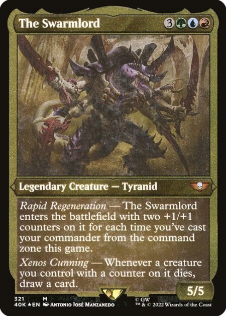 The Swarmlord - Rapid Regeneration — The Swarmlord enters the battlefield with two +1/+1 counters on it for each time you've cast your commander from the command zone this game.