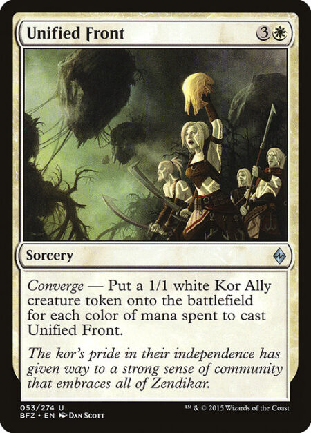 Unified Front - Converge — Create a 1/1 white Kor Ally creature token for each color of mana spent to cast this spell.