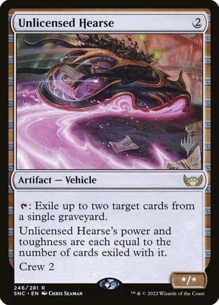 Unlicensed Hearse - {T}: Exile up to two target cards from a single graveyard.