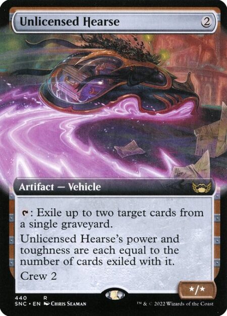 Unlicensed Hearse - {T}: Exile up to two target cards from a single graveyard.