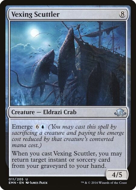 Vexing Scuttler - Emerge {6}{U} (You may cast this spell by sacrificing a creature and paying the emerge cost reduced by that creature's mana value.)