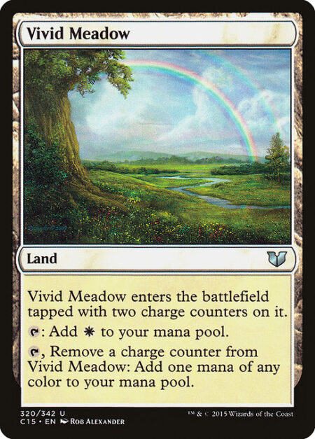 Vivid Meadow - Vivid Meadow enters tapped with two charge counters on it.