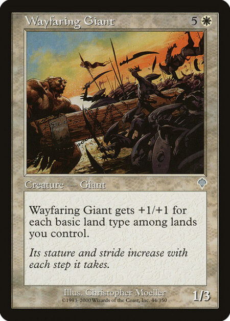 Wayfaring Giant - Domain — Wayfaring Giant gets +1/+1 for each basic land type among lands you control.