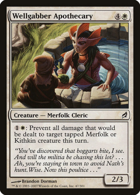 Wellgabber Apothecary - {1}{W}: Prevent all damage that would be dealt to target tapped Merfolk or Kithkin creature this turn.