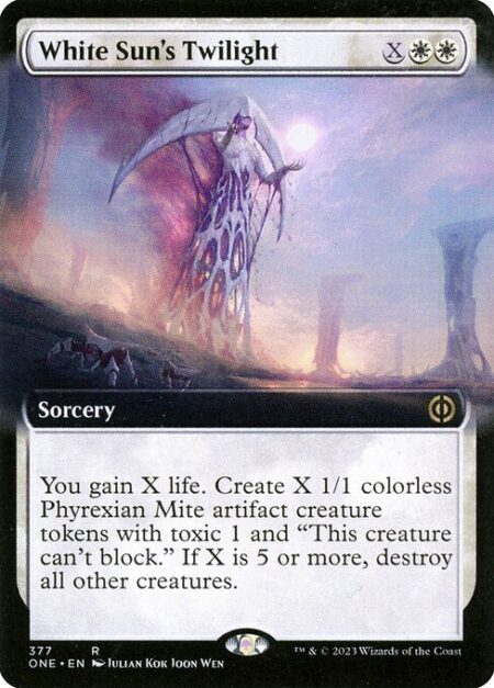 White Sun's Twilight - You gain X life. Create X 1/1 colorless Phyrexian Mite artifact creature tokens with toxic 1 and "This creature can't block." If X is 5 or more