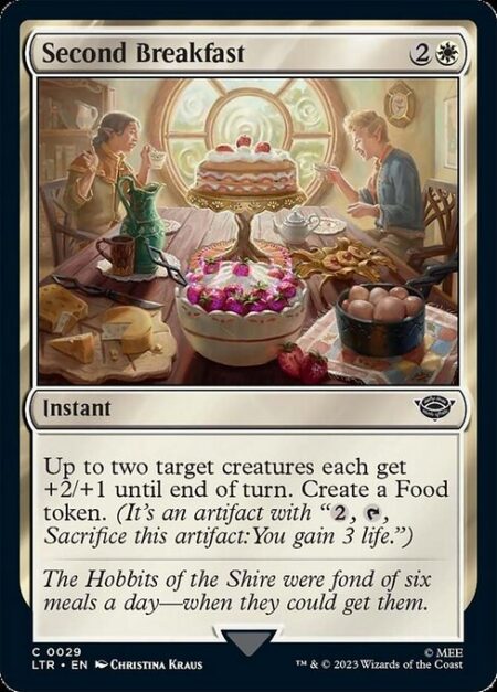 Second Breakfast - Up to two target creatures each get +2/+1 until end of turn. Create a Food token. (It's an artifact with "{2}