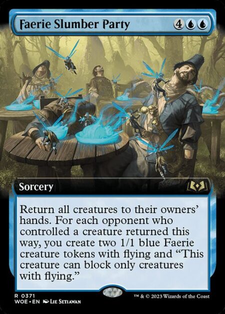 Faerie Slumber Party - Return all creatures to their owners' hands. For each opponent who controlled a creature returned this way