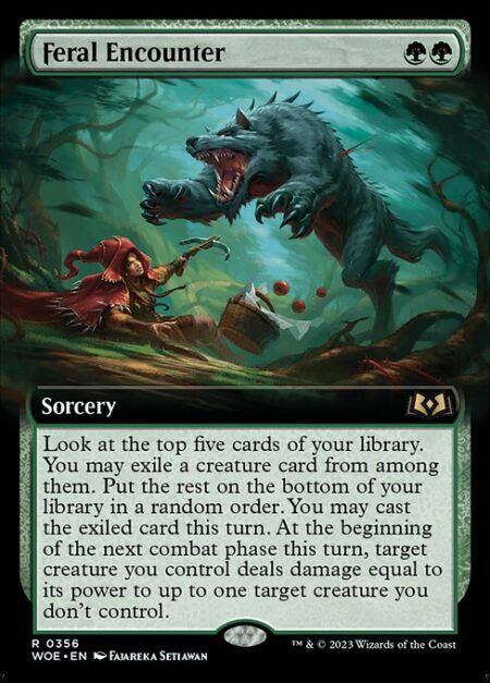 Feral Encounter - Look at the top five cards of your library. You may exile a creature card from among them. Put the rest on the bottom of your library in a random order. You may cast the exiled card this turn. At the beginning of the next combat phase this turn