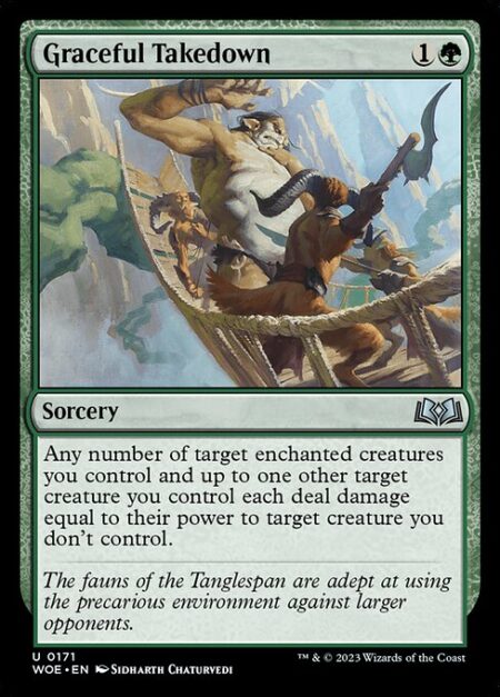 Graceful Takedown - Any number of target enchanted creatures you control and up to one other target creature you control each deal damage equal to their power to target creature you don't control.