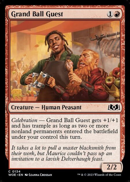 Grand Ball Guest - Celebration — Grand Ball Guest gets +1/+1 and has trample as long as two or more nonland permanents entered the battlefield under your control this turn.