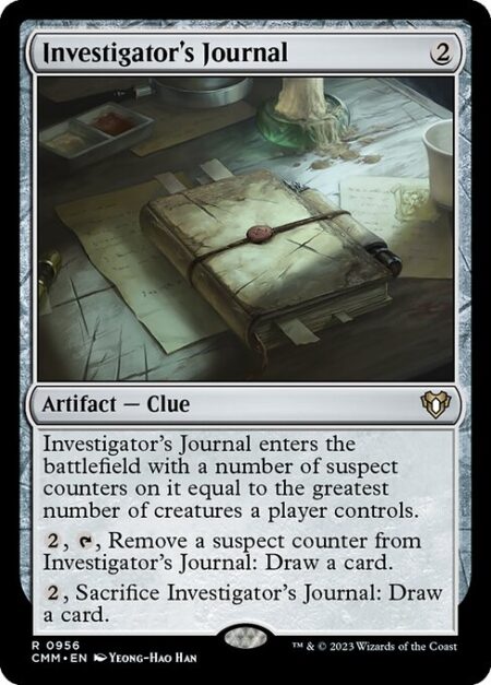 Investigator's Journal - Investigator's Journal enters the battlefield with a number of suspect counters on it equal to the greatest number of creatures a player controls.