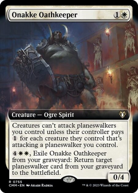Onakke Oathkeeper - Creatures can't attack planeswalkers you control unless their controller pays {1} for each creature they control that's attacking a planeswalker you control.