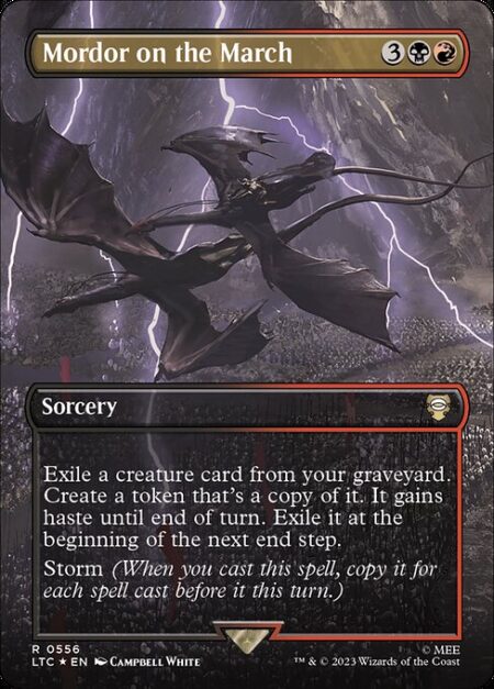 Mordor on the March - Exile a creature card from your graveyard. Create a token that's a copy of it. It gains haste until end of turn. Exile it at the beginning of the next end step.