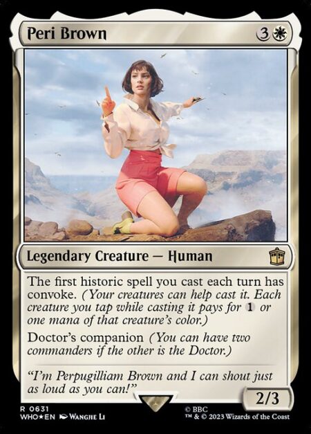 Peri Brown - The first historic spell you cast each turn has convoke. (Your creatures can help cast it. Each creature you tap while casting it pays for {1} or one mana of that creature's color.)