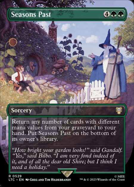 Seasons Past - Return any number of cards with different mana values from your graveyard to your hand. Put Seasons Past on the bottom of its owner's library.