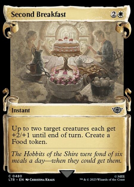 Second Breakfast - Up to two target creatures each get +2/+1 until end of turn. Create a Food token. (It's an artifact with "{2}