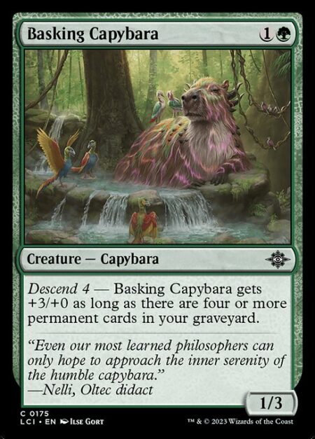 Basking Capybara - Descend 4 — Basking Capybara gets +3/+0 as long as there are four or more permanent cards in your graveyard.