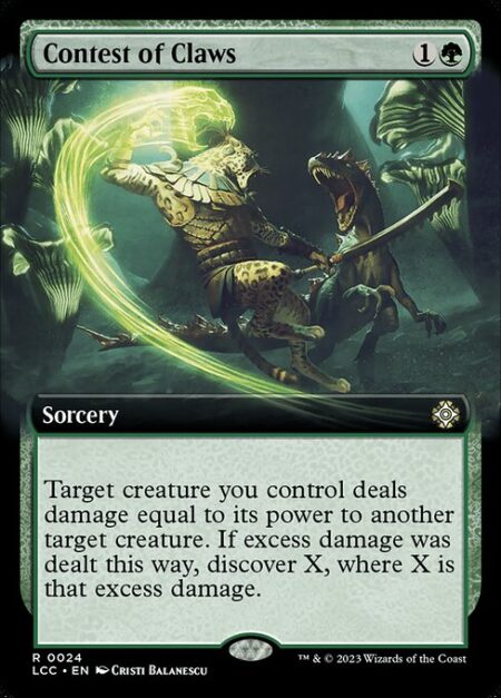 Contest of Claws - Target creature you control deals damage equal to its power to another target creature. If excess damage was dealt this way