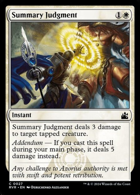 Summary Judgment - Summary Judgment deals 3 damage to target tapped creature.