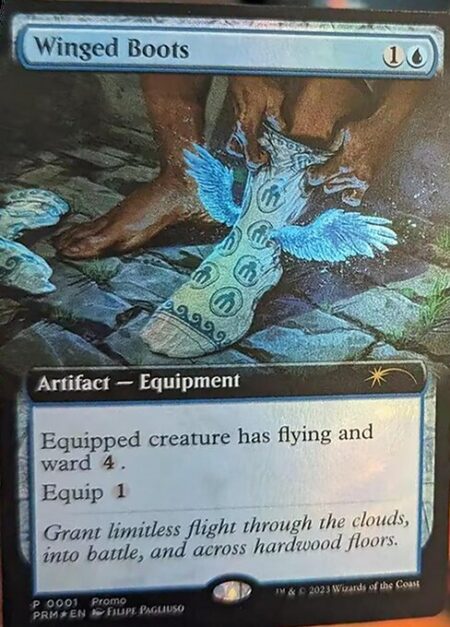 Winged Boots - Equipped creature has flying and ward {4}. (Whenever equipped creature becomes the target of a spell or ability an opponent controls