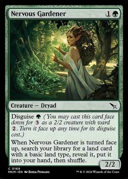 Nervous Gardener - Disguise {G} (You may cast this card face down for {3} as a 2/2 creature with ward {2}. Turn it face up any time for its disguise cost.)