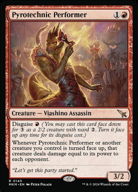 Pyrotechnic Performer - Disguise {R} (You may cast this card face down for {3} as a 2/2 creature with ward {2}. Turn it face up any time for its disguise cost.)