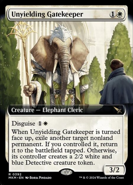 Unyielding Gatekeeper - Disguise {1}{W} (You may cast this card face down for {3} as a 2/2 creature with ward {2}. Turn it face up any time for its disguise cost.)