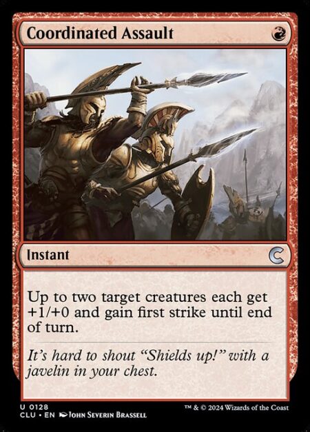 Coordinated Assault - Up to two target creatures each get +1/+0 and gain first strike until end of turn.